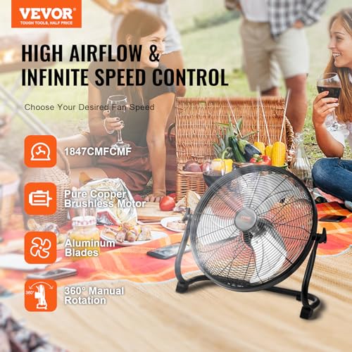 VEVOR 16'' Rechargeable Floor Fan, Portable Quiet Personal Fan for Home or Office, 360 Degree Manual Pivoting Head, Stepless Speed Regulation High Velocity, Heavy Duty Metal Industrial Cordless Fans