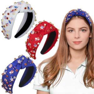 Newcotte 3 Pcs 4th of July Headband for Women American Flag Knotted Headband Star USA Charm Red White Blue Headband Women Patriotic Headbands Headpiece Crystal Knot Wide Hairband Accessories Gift