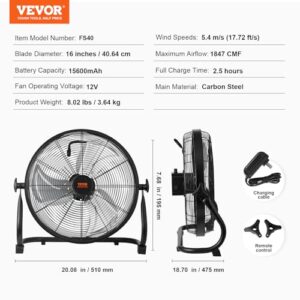 VEVOR 16'' Rechargeable Floor Fan, Portable Quiet Personal Fan for Home or Office, 360 Degree Manual Pivoting Head, Stepless Speed Regulation High Velocity, Heavy Duty Metal Industrial Cordless Fans