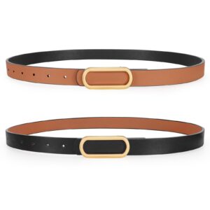 SANSTHS Reversible Belts for Women, Two-in-one Thin Waist Belt Women for Dresses Jeans Coats with Gold Buckle, Black+Brown, M