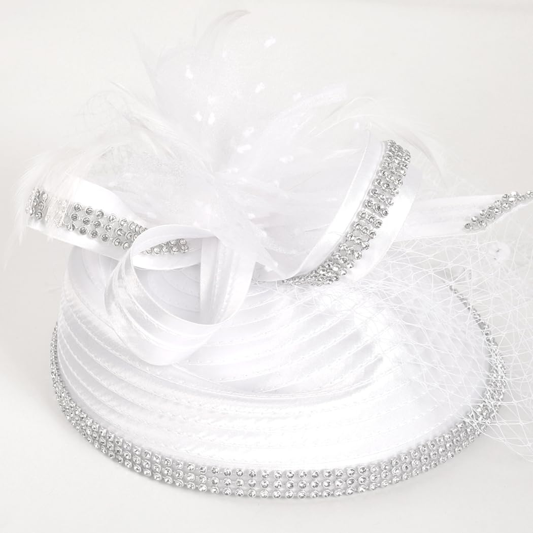 Fascinators Hat for Ladies Church Derby Dress Wedding Hats Veil Feather Cocktail Headband (White)