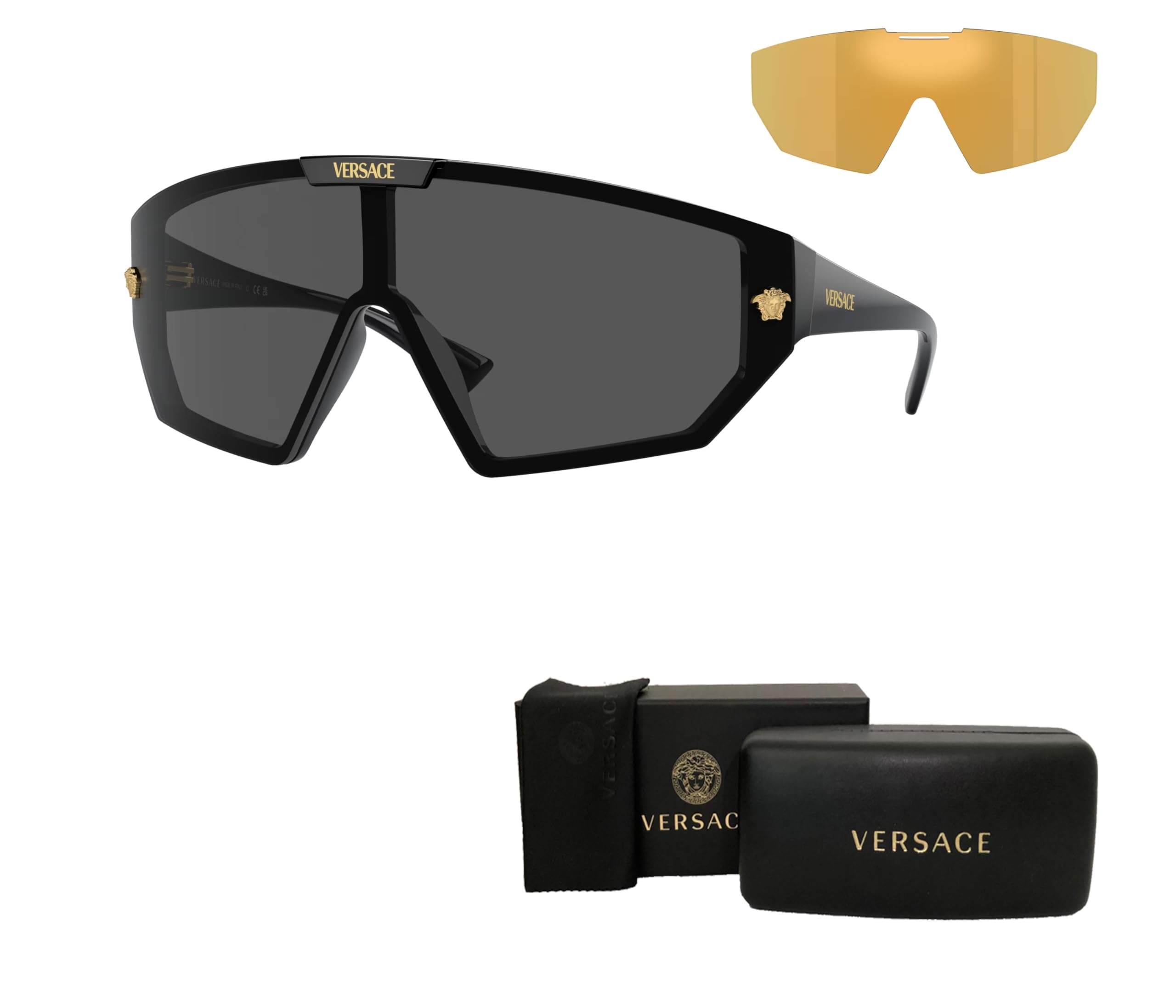 Versace VE4461 GB1/87 47MM Black/Dark Grey/Mirror Gold Shield Sunglasses for Men for Women + BUNDLE With Designer iWear Complimentary Eyewear Kit