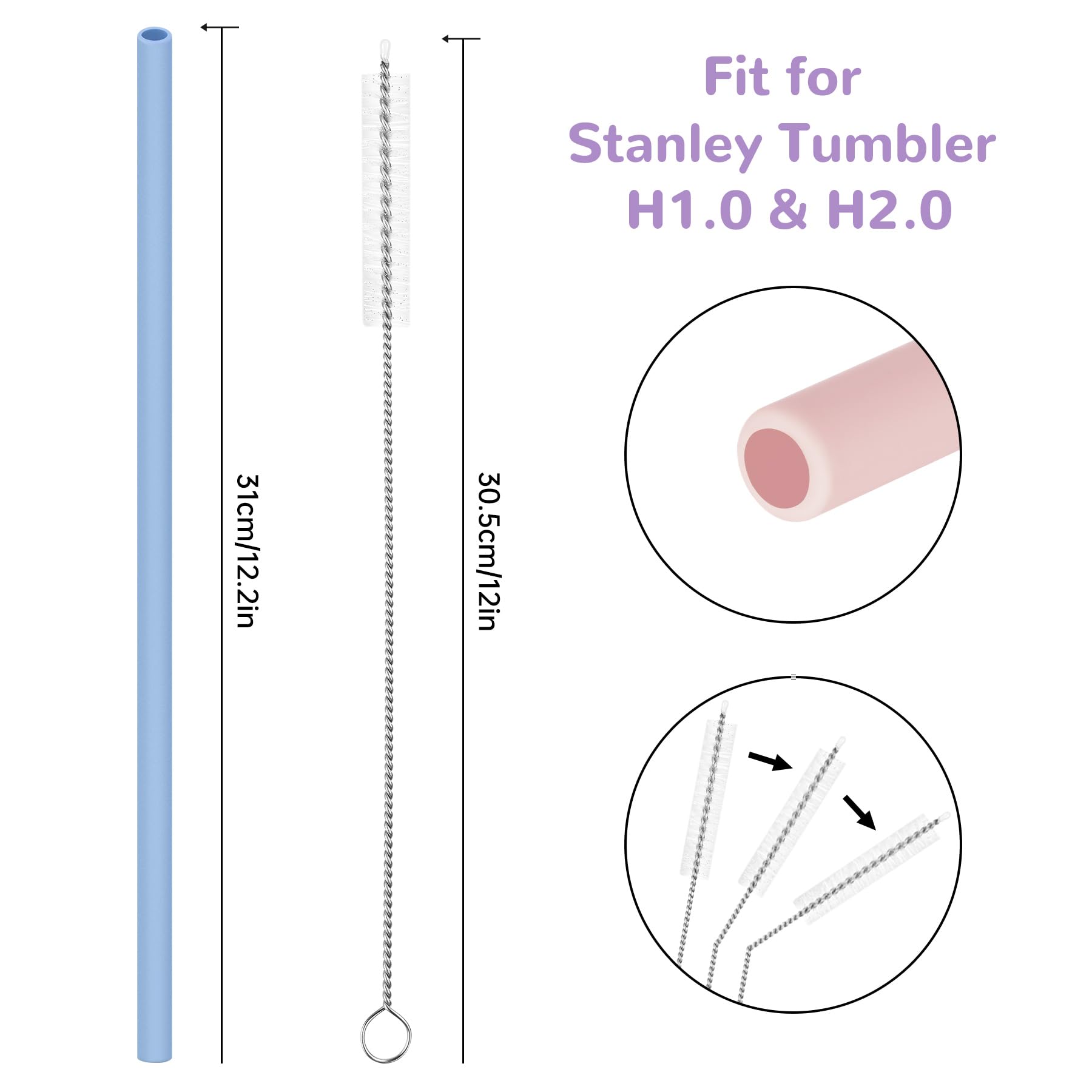 Tomorotec 15PCS Reusable Silicone Drinking Straws w/ 2 Brushes, Fit for Stanley Tumbler 40oz 30oz 20oz, 12" Long Customizable for Various Drinkware, Dishwasher Safe, BPA-Free, Safe for Teeth (Macaron)