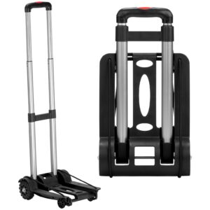 JOYTUTUS Folding Hand Truck, Lightweight Dolly Cart, Aluminum Tube Frame Adjustable Handle Luggage Cart with 2 Large Rear Wheels, 2 Lashing Straps for Moving