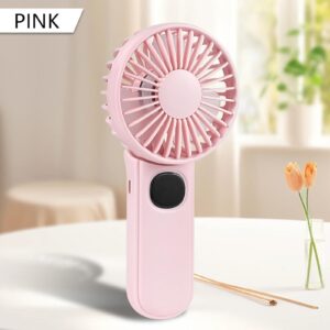 Leimaq Mini Fan Handheld, Handheld/Neck/Desk 3 in 1 Rechargeable Small Portable Fan for Travel, 2400mAh Battery Operated Fan with LED Display, 180° Foldable Fan with 5 Speed Wind (Pink)