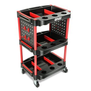 dna motoring 3-level composite workshop trolley 120 kg / 260 lbs capacity cart side portable on wheels w/pegboard for garage warehouse workshop use, black/red, tools-00427