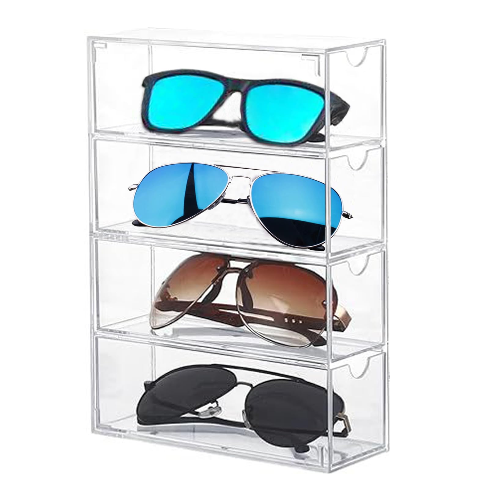 Kenpal Sunglasses Organizer for Multiple Pairs, Acrylic Stackable Glasses Holder with 4 Drawers, Transparent Eyeglass Case (1)