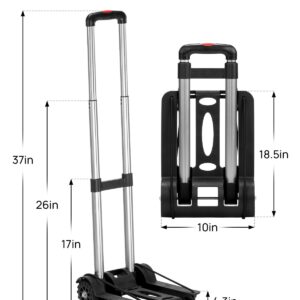 JOYTUTUS Folding Hand Truck, Lightweight Dolly Cart, Aluminum Tube Frame Adjustable Handle Luggage Cart with 2 Large Rear Wheels, 2 Lashing Straps for Moving