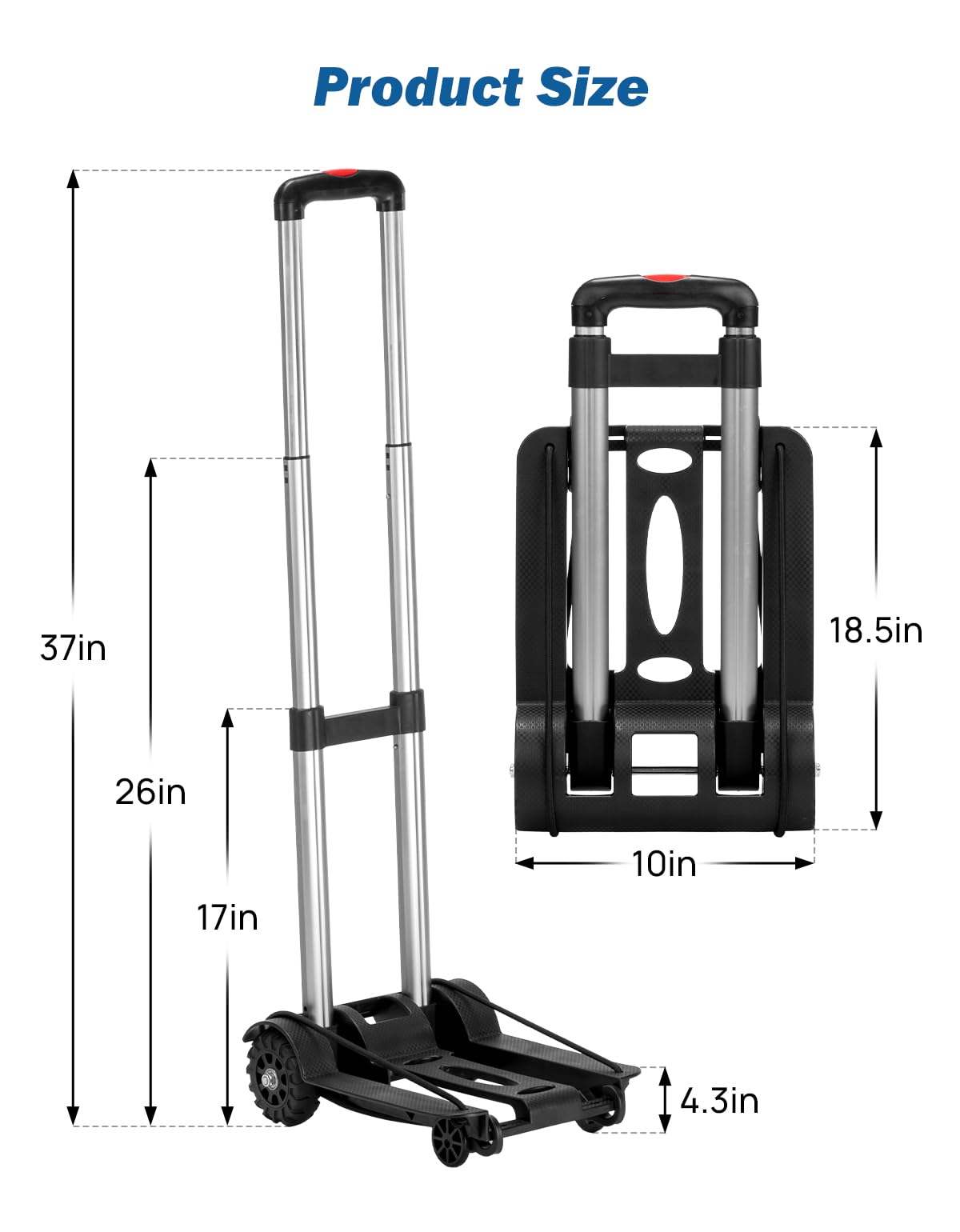 JOYTUTUS Folding Hand Truck, Lightweight Dolly Cart, Aluminum Tube Frame Adjustable Handle Luggage Cart with 2 Large Rear Wheels, 2 Lashing Straps for Moving