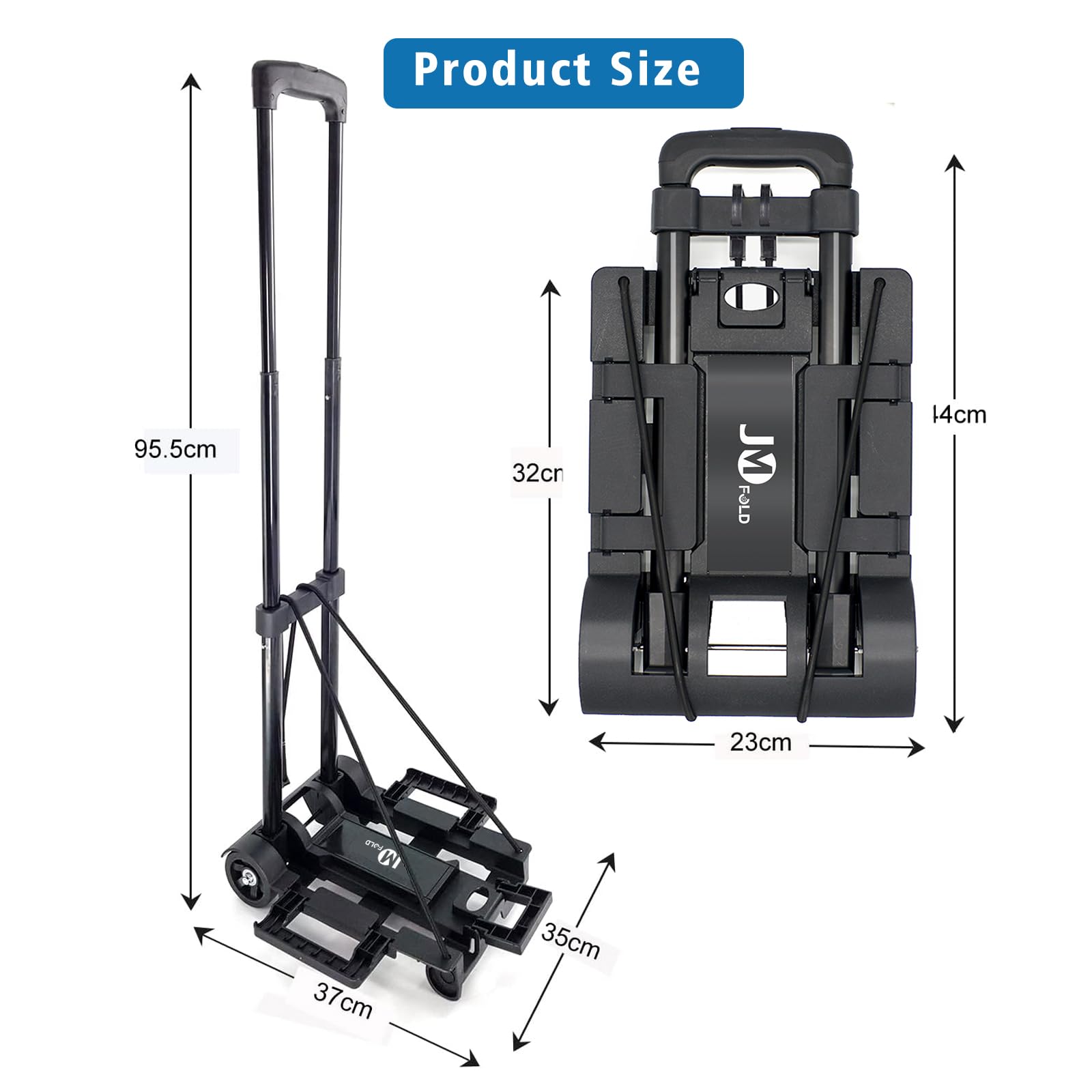 JMFOLD 70 lbs Folding Hand Truck,Lightweight Hand Truck Dolly with 2 Wheels& 2 Ropes,Portable Trolley,Folding Luggage Cart,Suitable for Airport,Travel,Moving,Office Use(Steel, Black)