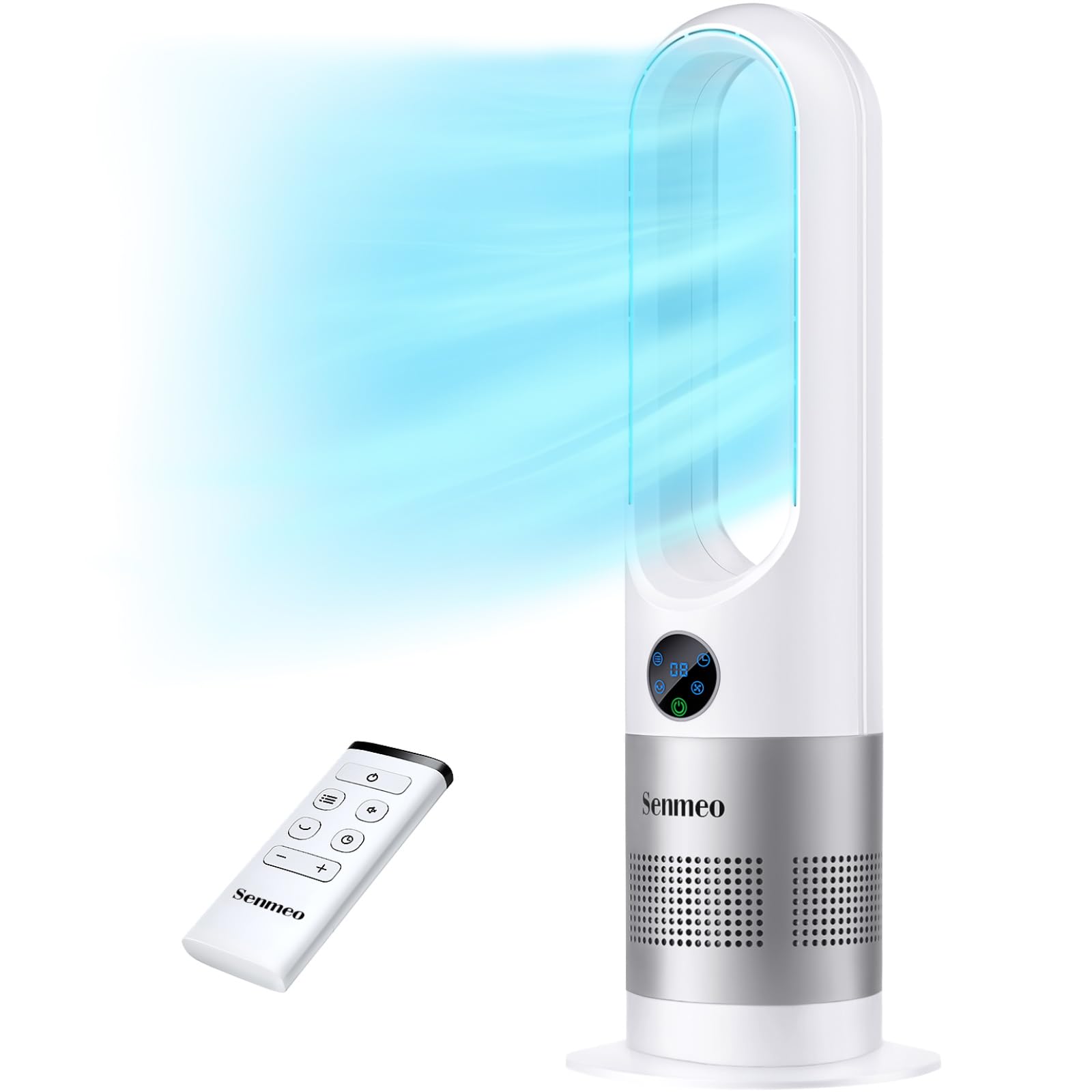 Senmeo Bladeless Fan, 26" Bladeless Tower Fan with Remote, 8 Speeds, 90° Oscillation, 9 Hour Timer, Large LED Display with Auto Off, Easy to Clean, Standing Floor Fan for Bedroom, Home, Office