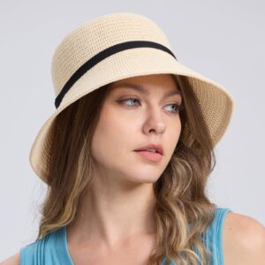 MEINICY Women Sun Hat Wide Brim Summer Beach Hat Bamboo Fiber Weave Floppy Hat UPF 50+ Foldable Hat Beige