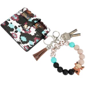 wafoiro highland cow keychain with wallet - silicone wristlet bracelet western aztec card holder for women