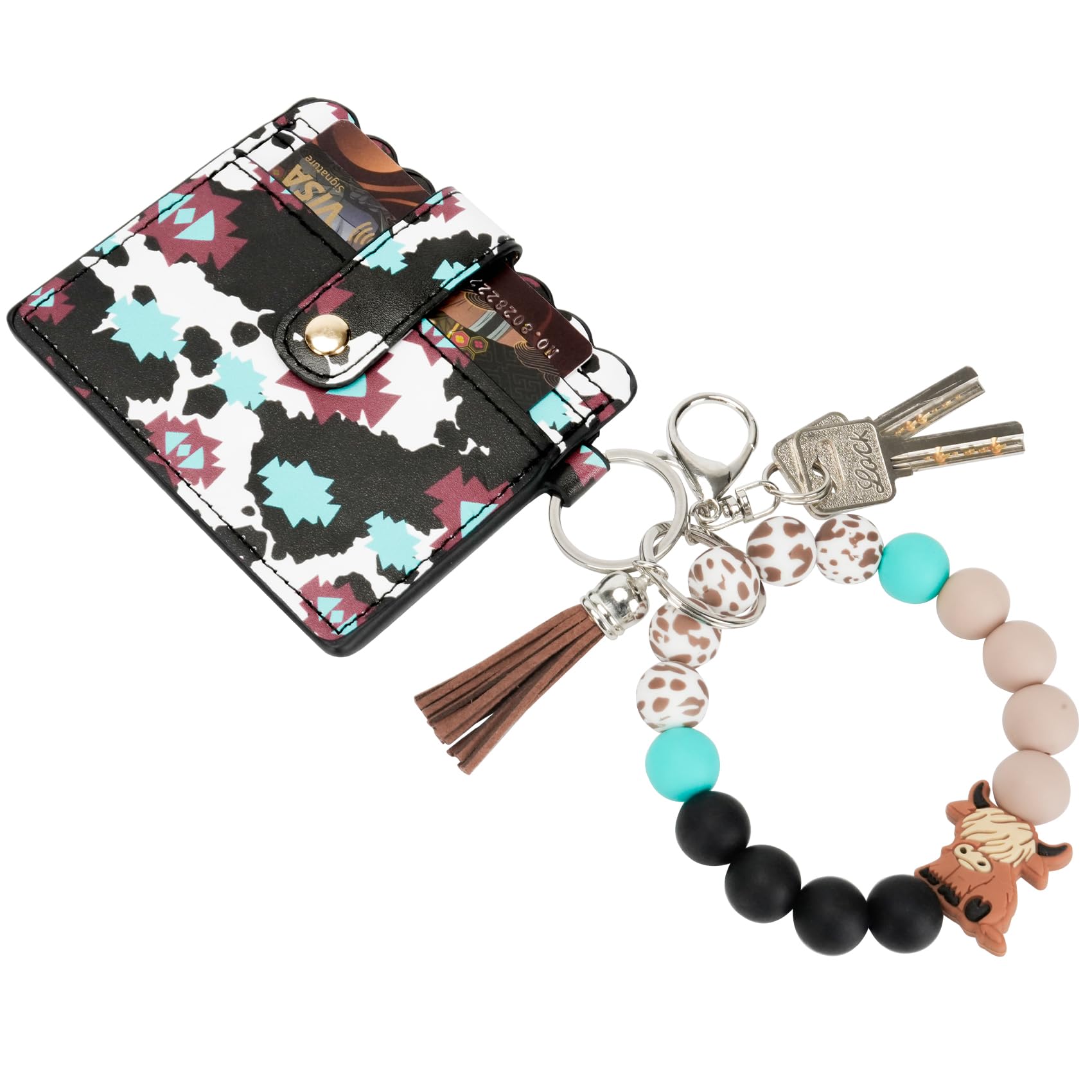 WAFOIRO Highland Cow Keychain with Wallet - Silicone Wristlet Bracelet Western Aztec Card Holder for Women