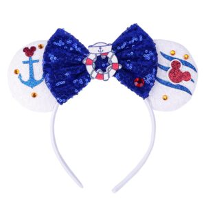 razko sparkle cruise minnie ears headband, glitter mouse ears headband with bow,cruise essentials princess decoration cosplay costume for girls women (cruise&boat)