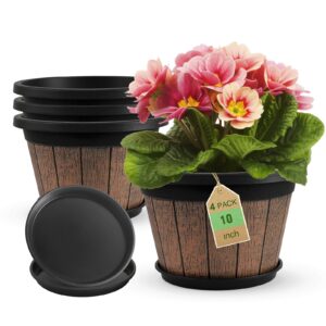 quarut 4 pack 10 inch plant pots,upgrade whiskey barrel planters with drainage holes & saucer,plastic decoration flower pots retro design,planters for outdoor indoor garden home plants (brown)