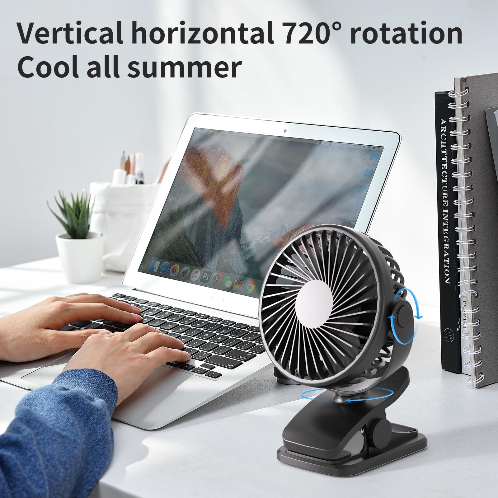 Portable Clip on Fan, 360° Rotate Battery Operated Stroller Fan, 3 Speed Quiet Mini Personal Desk Fan, USB Rechargeable Clooing Fan for Outdoor Camping Golf Cart Stroller Home Office Black