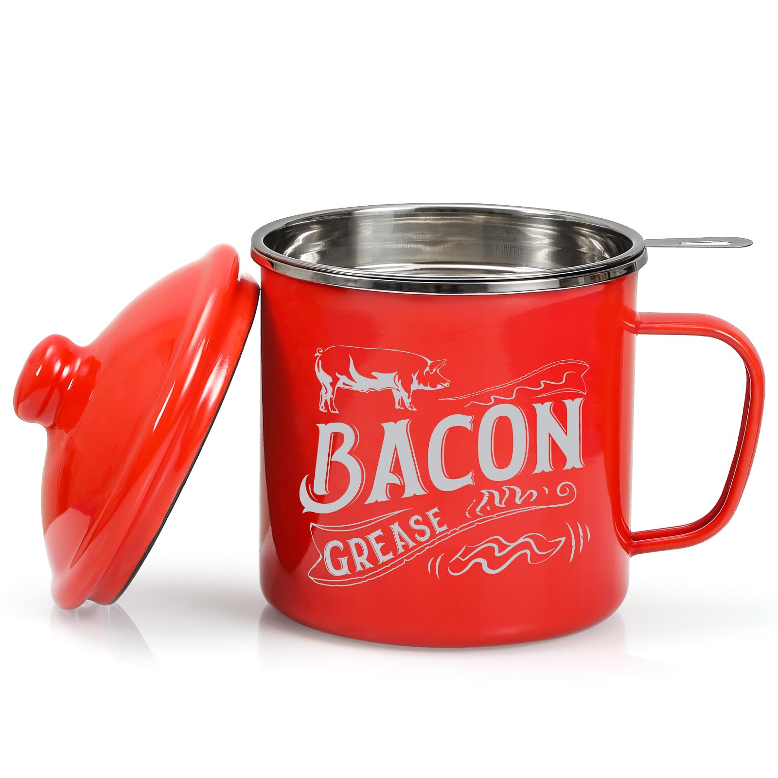 46OZ LARGE Bacon Grease Saver with Fine Mesh Strainer & Handle - Enamel Oil Keeper Container, Bacon Fat Dripping Can - Farmhouse Kitchen Gift & Decor Cooking Accessories - Red, Style 1