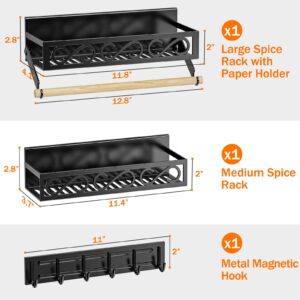 Bunoxea Spice Rack Magnetic for Refrigerator, 3 Pack Magnetic Spice Shelf, Moveable Fridge Organizer with 6 Hook Rack, Magnetic Fridge Organizer,Seasoning Organizer for Kitchen