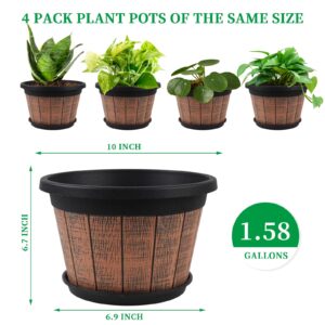 Quarut 4 Pack 10 inch Plant Pots,Upgrade Whiskey Barrel Planters with Drainage Holes & Saucer,Plastic Decoration Flower Pots Retro Design,Planters for Outdoor Indoor Garden Home Plants (Brown)