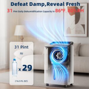 TABYIK 30 Pint Dehumidifier for Basement, with Drain Hose for Large Bedroom Bathroom, with Auto Humidity Control, 24H Timer