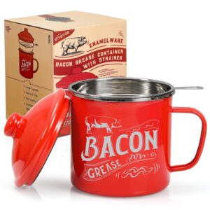 46OZ LARGE Bacon Grease Saver with Fine Mesh Strainer & Handle - Enamel Oil Keeper Container, Bacon Fat Dripping Can - Farmhouse Kitchen Gift & Decor Cooking Accessories - Red, Style 1