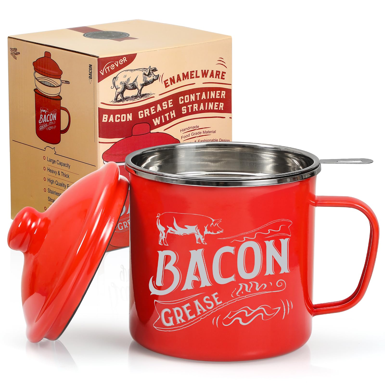 46OZ LARGE Bacon Grease Saver with Fine Mesh Strainer & Handle - Enamel Oil Keeper Container, Bacon Fat Dripping Can - Farmhouse Kitchen Gift & Decor Cooking Accessories - Red, Style 1