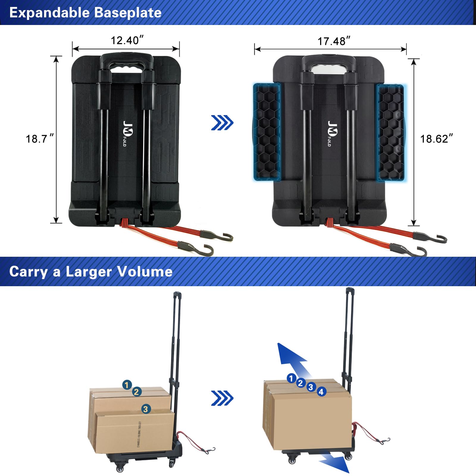 JMFOLD 70 lbs Folding Hand Truck,Lightweight Hand Truck Dolly with 2 Wheels & 2 Ropes,Portable Trolley,Folding Luggage Cart,Airport,Travel,Moving and Office Use (Heavy Duty Cart)