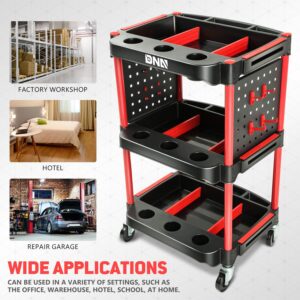 DNA MOTORING 3-Level Composite Workshop Trolley 120 kg / 260 Lbs Capacity Cart Side Portable On Wheels w/Pegboard for Garage Warehouse Workshop Use, Black/Red, TOOLS-00427