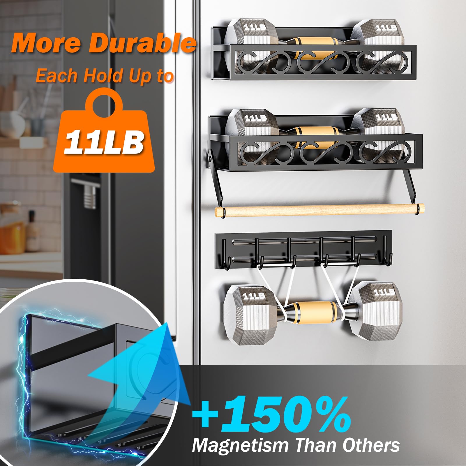 Bunoxea Spice Rack Magnetic for Refrigerator, 3 Pack Magnetic Spice Shelf, Moveable Fridge Organizer with 6 Hook Rack, Magnetic Fridge Organizer,Seasoning Organizer for Kitchen