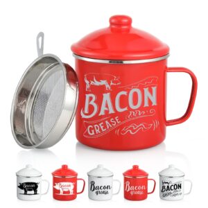 46oz large bacon grease saver with fine mesh strainer & handle - enamel oil keeper container, bacon fat dripping can - farmhouse kitchen gift & decor cooking accessories - red, style 1