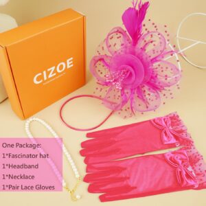 Cizoe Women's Fascinators Hat Kentucky Derby Hats Wedding Cocktail Tea Party Headwear and Gloves(Fushia)