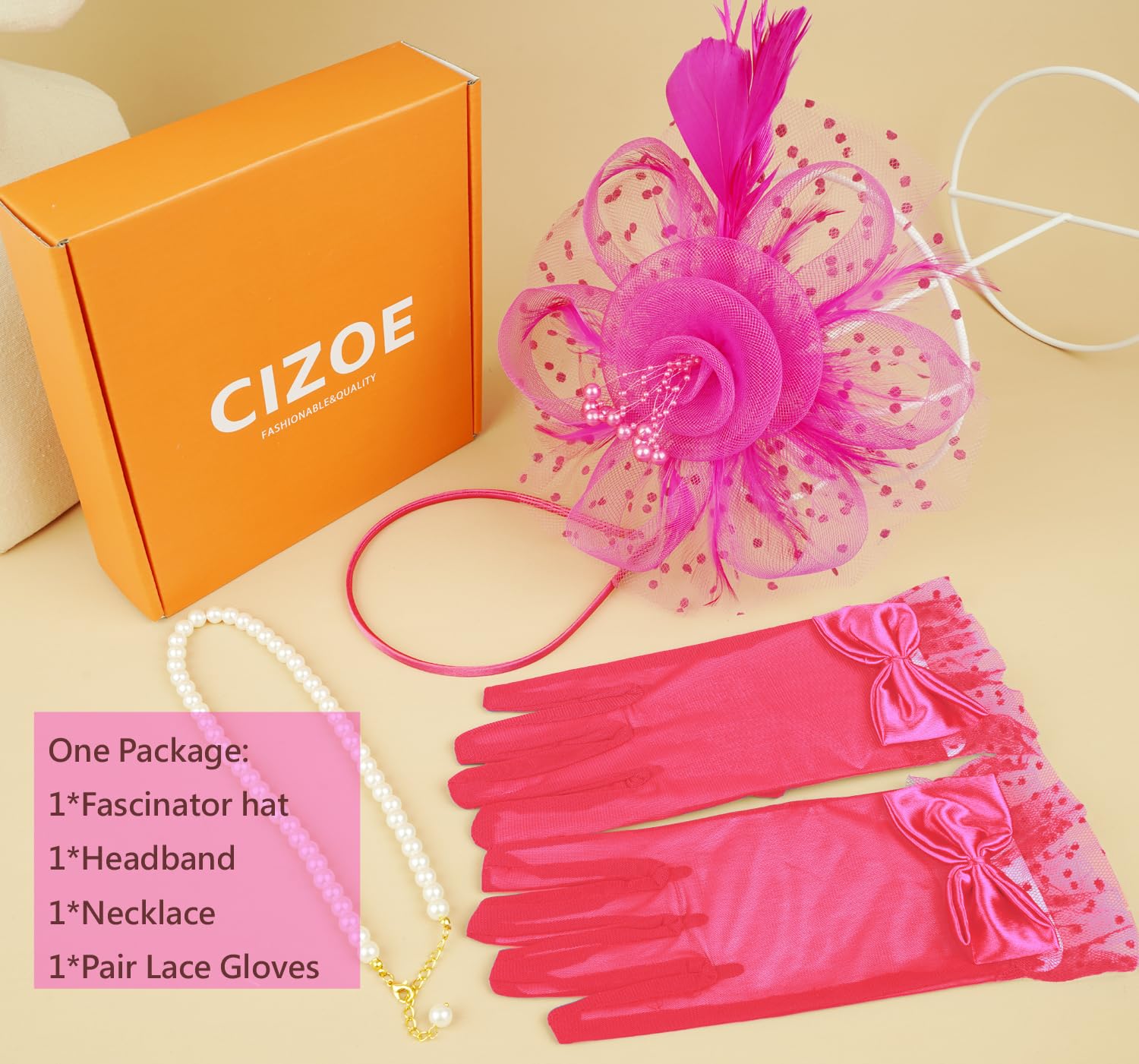 Cizoe Women's Fascinators Hat Kentucky Derby Hats Wedding Cocktail Tea Party Headwear and Gloves(Fushia)