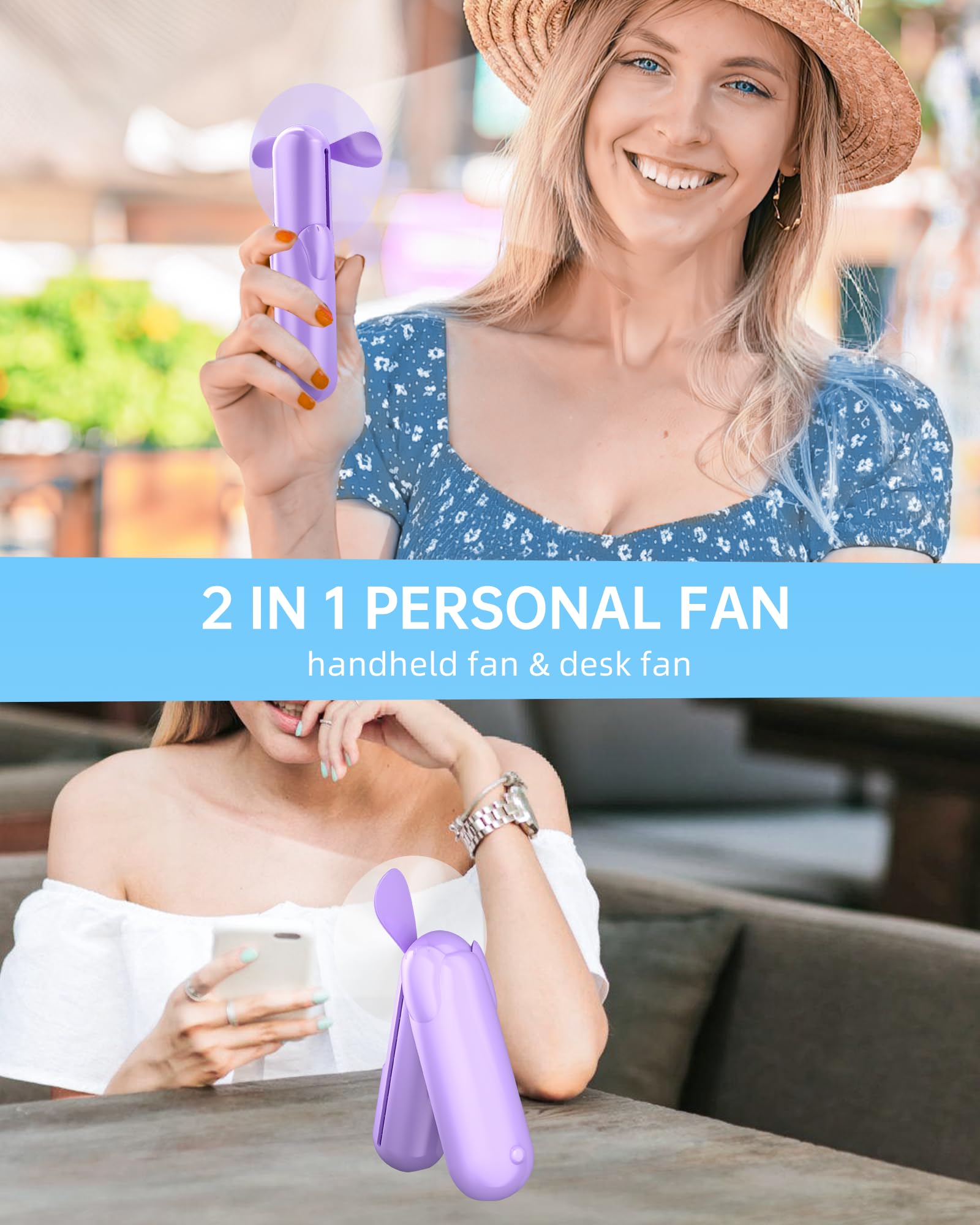 Jkjoy Mini Handheld Fan, Portable Hand Fan with USB Rechargeable, 2000 mAh Battery Operated Pocket Fan, 3 Speeds Adjustable, 2 IN 1 Small Personal Fan for Women Girls Travel Outdoor