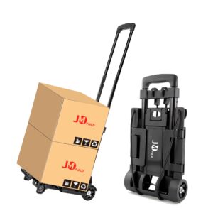 jmfold 70 lbs folding hand truck,lightweight hand truck dolly with 2 wheels& 2 ropes,portable trolley,folding luggage cart,suitable for airport,travel,moving,office use(steel, black)