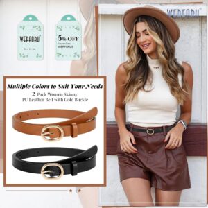 WERFORU 2 Pack Women's Skinny PU Leather Belt with Gold Buckle Ladies Thin Leather Leather Plus Size Waist Belt for Jeans Dress （Black+Brown,Fit Waist Size 31-36 Inches