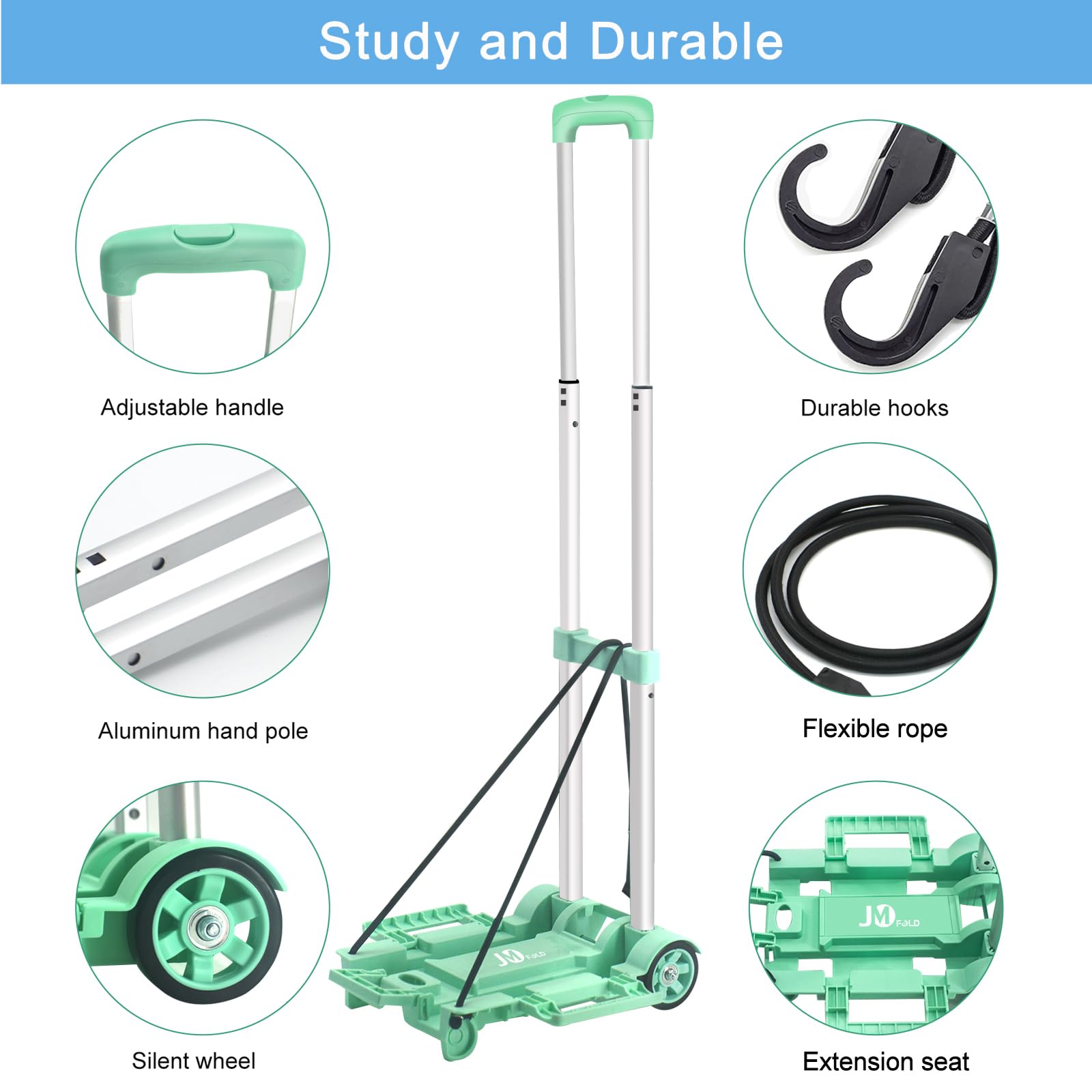 JMFOLD 70 lbs Folding Hand Truck,Lightweight Hand Truck Dolly with 2 Wheels & 2 Ropes,Portable Trolley,Folding Luggage Cart,Airport,Travel,Moving and Office (Green)