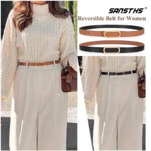 SANSTHS Reversible Belts for Women, Two-in-one Thin Waist Belt Women for Dresses Jeans Coats with Gold Buckle, Black+Brown, M