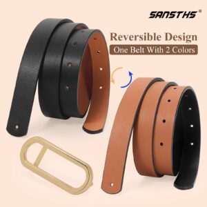 SANSTHS Reversible Belts for Women, Two-in-one Thin Waist Belt Women for Dresses Jeans Coats with Gold Buckle, Black+Brown, M