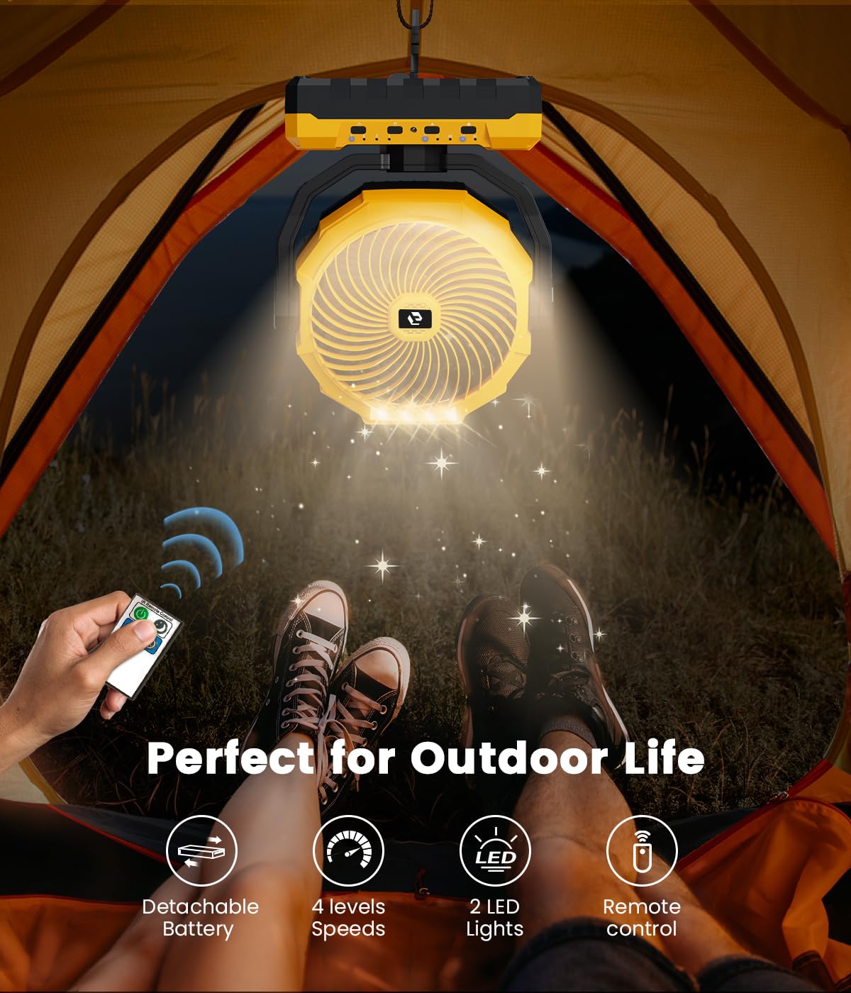 3-in-1 Portable Camping Fan - 9 inch 12000mAh Detachable Battery Rechargeable Fan with LED & Remote - 4 Speeds Battery Powered Outdoor Fan for Tent,Travel, Office, Jobsite