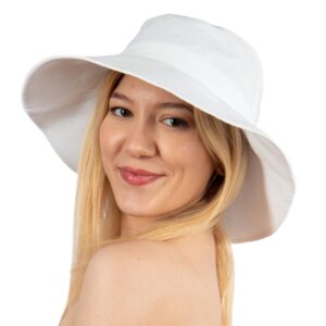 HATSQUARE Linen Wide Brim Bucket Hat, Women Summer Beach Sun Hat, Foldable Floppy Packable Hat (White)