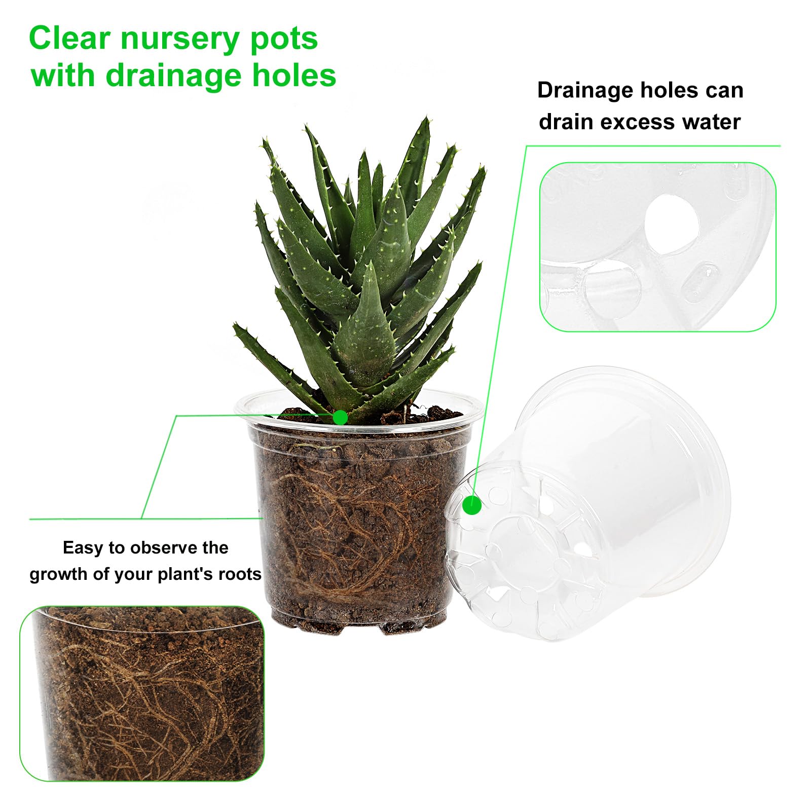 JERIA 30 Pack 6/5/4Inch Clear Nursery Pots with Drainage Holes, Clear Plant Pot for Planting, Transparent Plastic Plant Pots,Durable Seed Starting Pot for Succulents