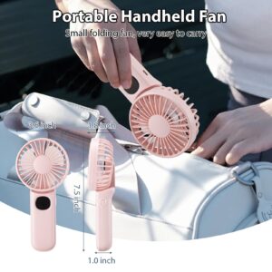 Leimaq Mini Fan Handheld, Handheld/Neck/Desk 3 in 1 Rechargeable Small Portable Fan for Travel, 2400mAh Battery Operated Fan with LED Display, 180° Foldable Fan with 5 Speed Wind (Pink)