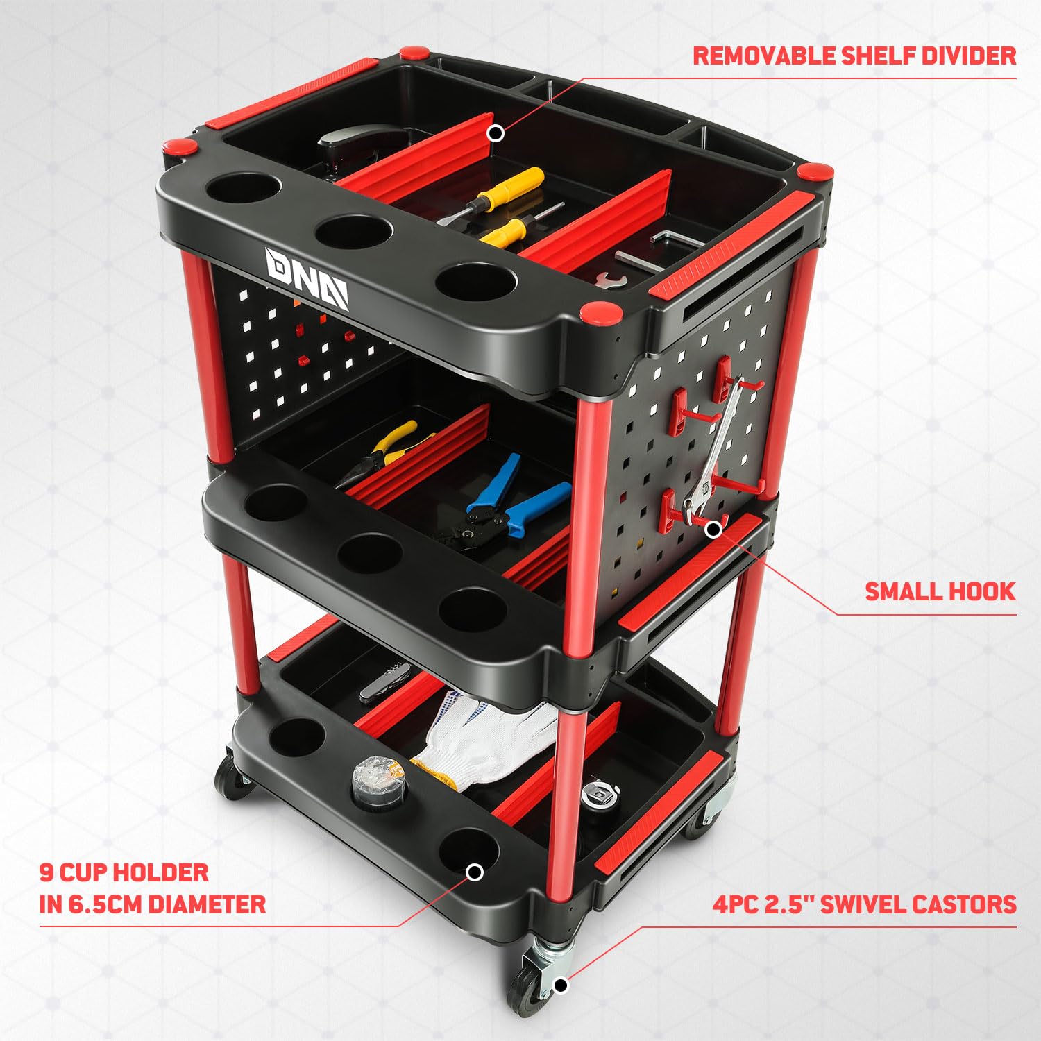 DNA MOTORING 3-Level Composite Workshop Trolley 120 kg / 260 Lbs Capacity Cart Side Portable On Wheels w/Pegboard for Garage Warehouse Workshop Use, Black/Red, TOOLS-00427