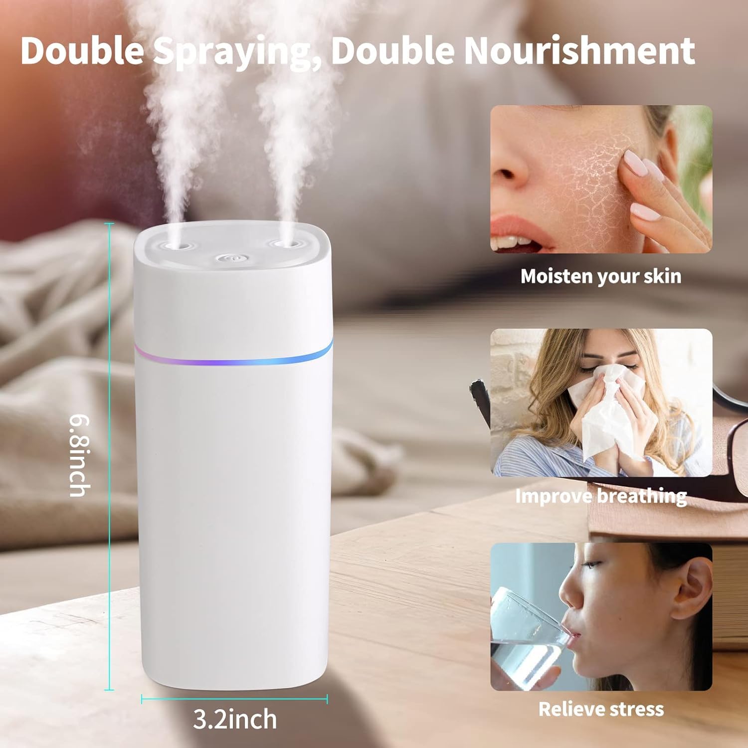 600ml Double Spray Small Humidifier for Bedroom, Mini Humidifier for Plant, Desk,Plant Humidifier with Double Spray, Portable Double Jet Humidifier for Indoor Office, Car