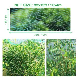 Bird Netting for Garden, 13Ft x 33Ft Green Anti Bird Protection Net, Plant Tree Netting for Protecting Fruit and Vegetables with 50 Ties and 20 Tacks