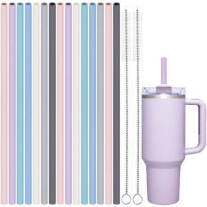 tomorotec 15pcs reusable silicone drinking straws w/ 2 brushes, fit for stanley tumbler 40oz 30oz 20oz, 12" long customizable for various drinkware, dishwasher safe, bpa-free, safe for teeth (macaron)