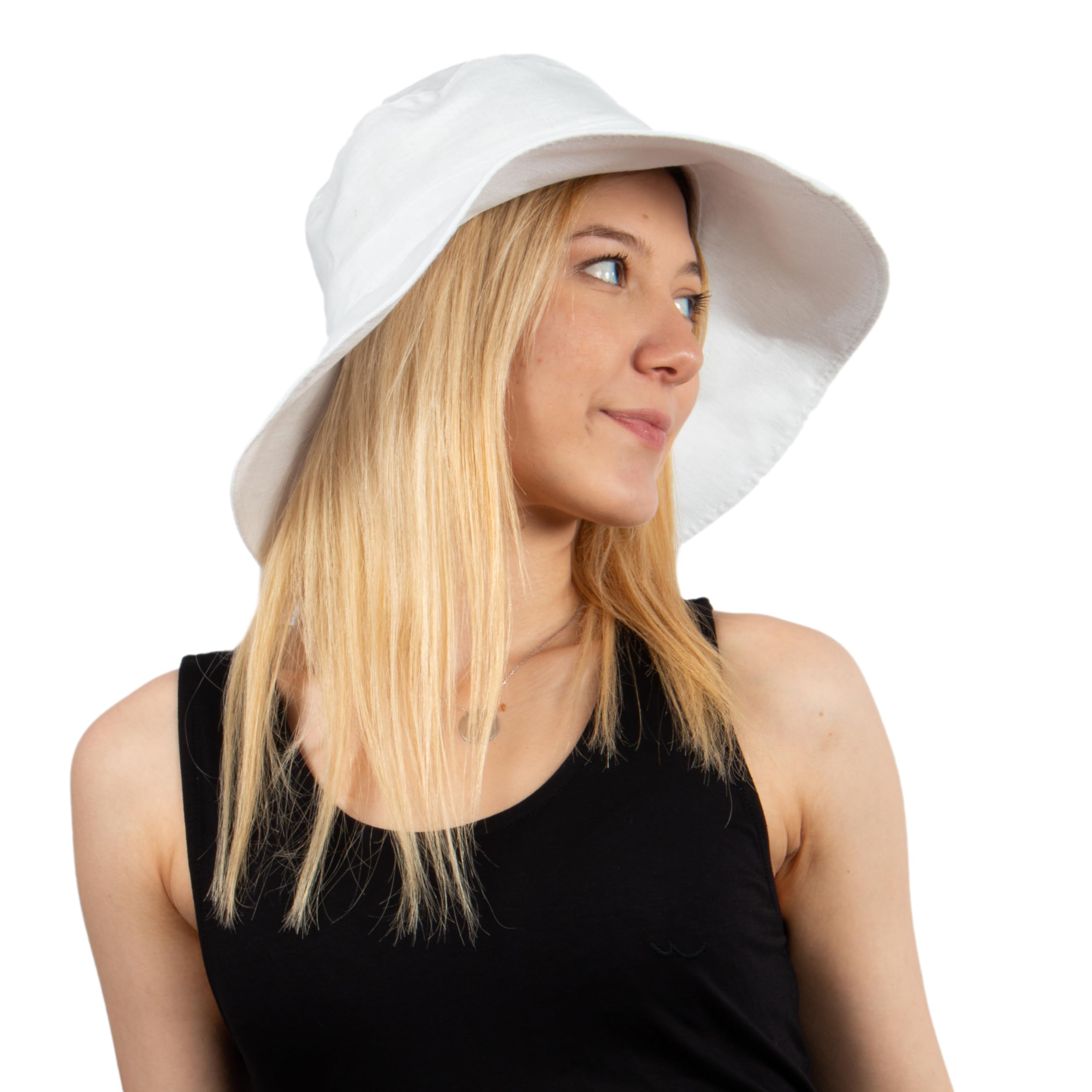 HATSQUARE Linen Wide Brim Bucket Hat, Women Summer Beach Sun Hat, Foldable Floppy Packable Hat (White)