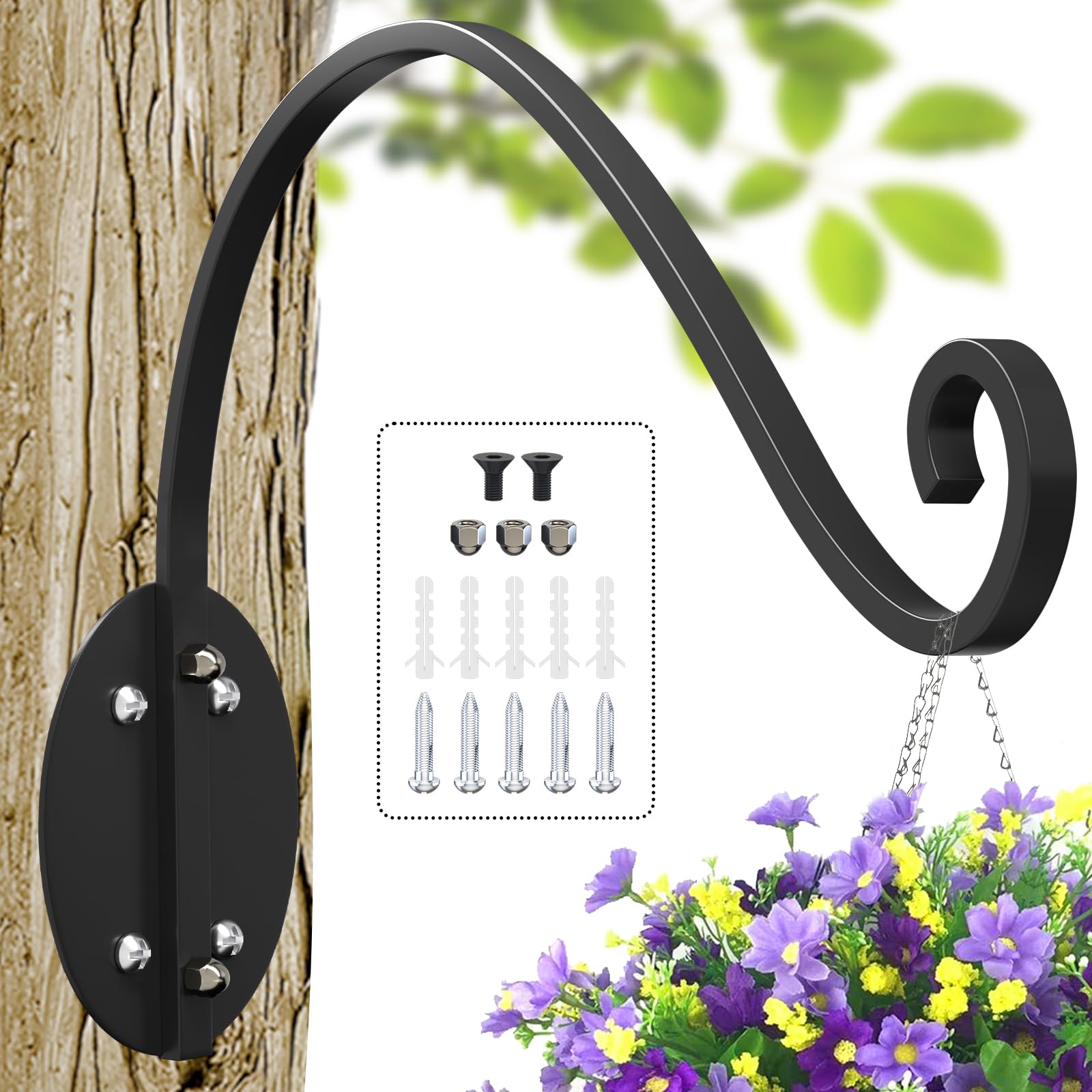 Hystun Plant Hangers Outdoor - 16 Inch Hanging Plant Hooks and Bird Feeder Hanger, Hand-Forged Plant Wall Hanger, Metal Black Plant Hooks for Hanging Baskets, Flower, Lantern, Wind Chime