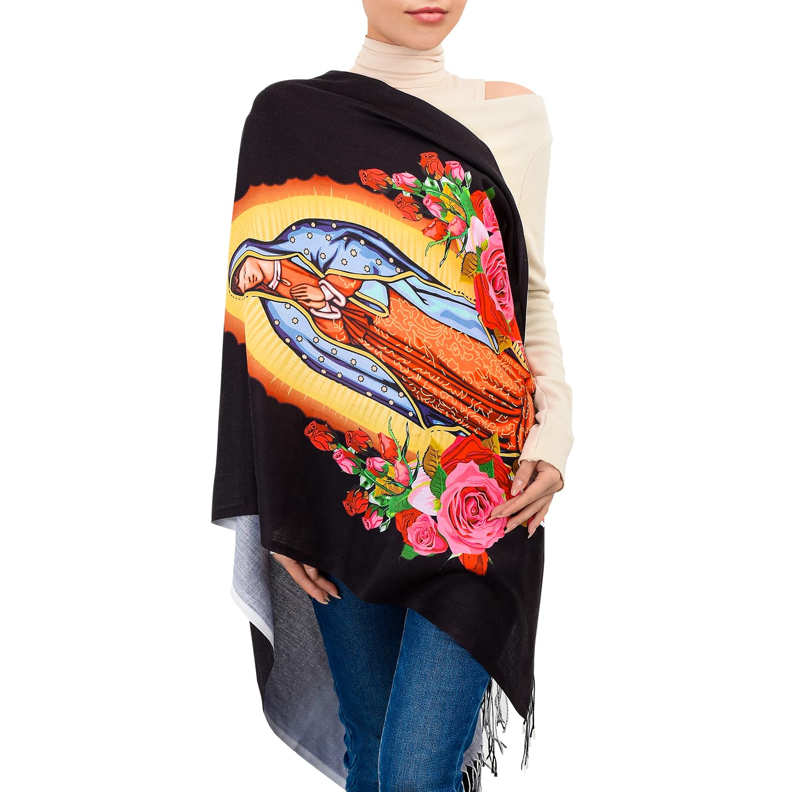 Virgen De Guadalupe Blanket Scarf,Traditional Mexican Dress Prayer Shawl Catholic Gifts for Women,Virgin Mary Hoodie Poncho,Rebozos Vestidos Mexicana Regalos Para Mujer Mamá Abuelita Mi Esposa